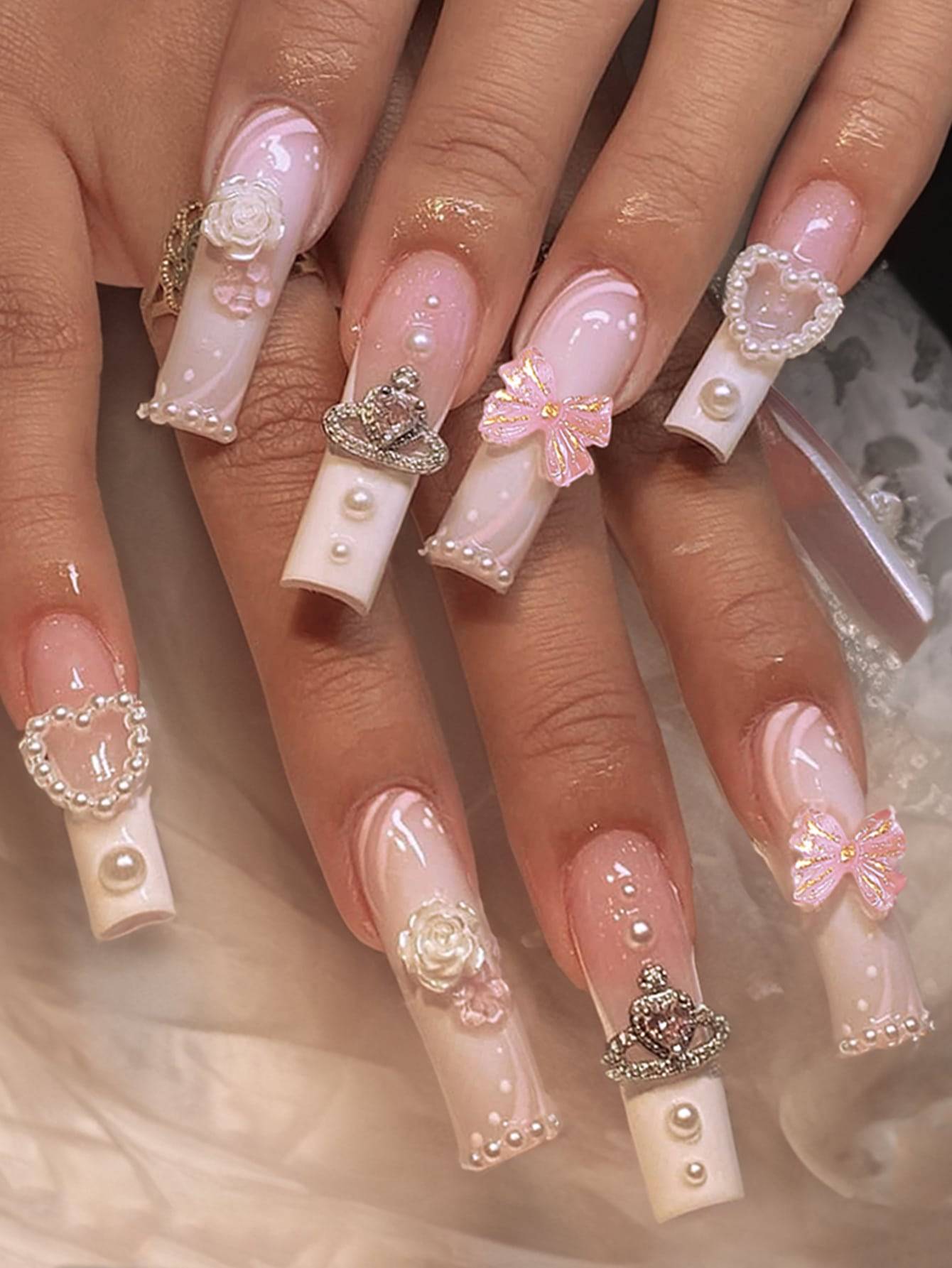 Elegant 24-Piece XL Square Press-On Nails featuring a luxurious design with pearls, rhinestones, and 3D embellishments for a glamorous manicure look.