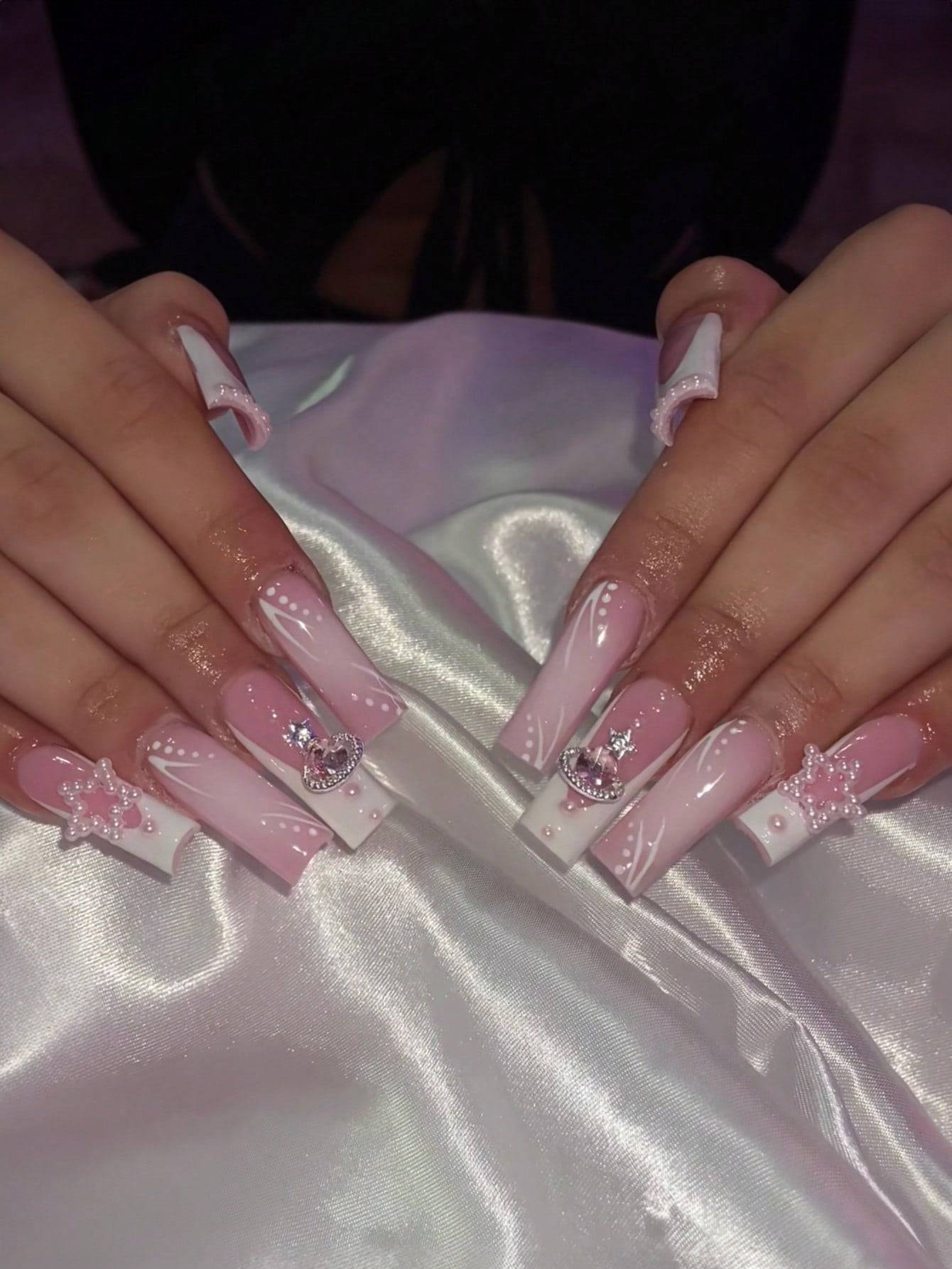 Elegant 24-piece XL square press-on nails in pink and white with rhinestone accents, featuring a luxurious full-cover design for a flawless manicure.