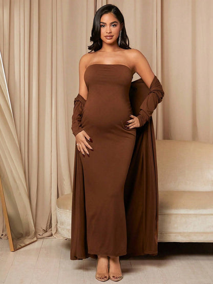 Vestido tubo de maternidad elegante y cómodo con cárdigan