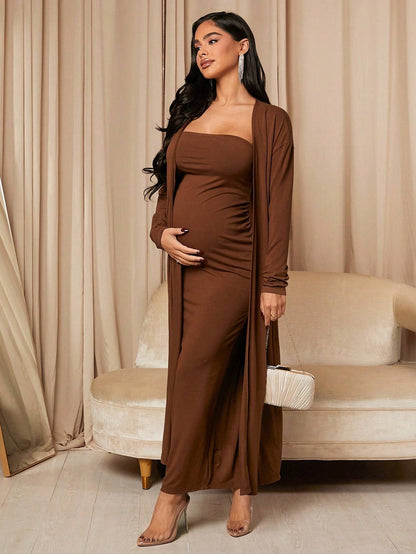 Vestido tubo de maternidad elegante y cómodo con cárdigan