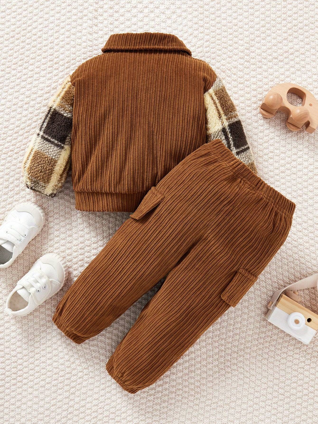 Conjunto de chaqueta y pantalón liso con estampado de cuadros para bebé niño