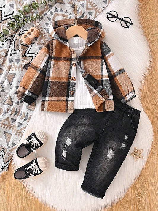 Festive Plaid Hooded Jacket and Jeans Set for Baby Boys