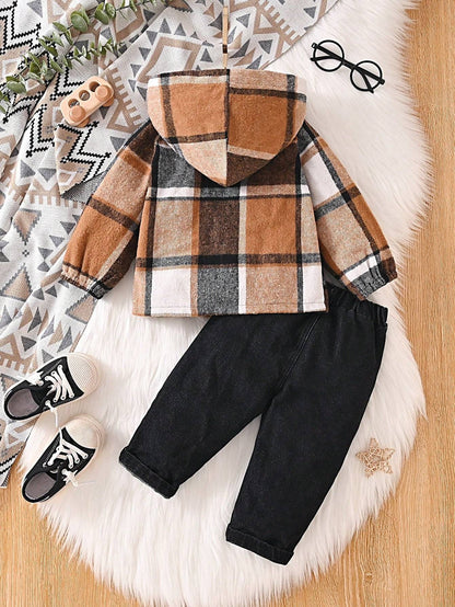 Festive Plaid Hooded Jacket and Jeans Set for Baby Boys