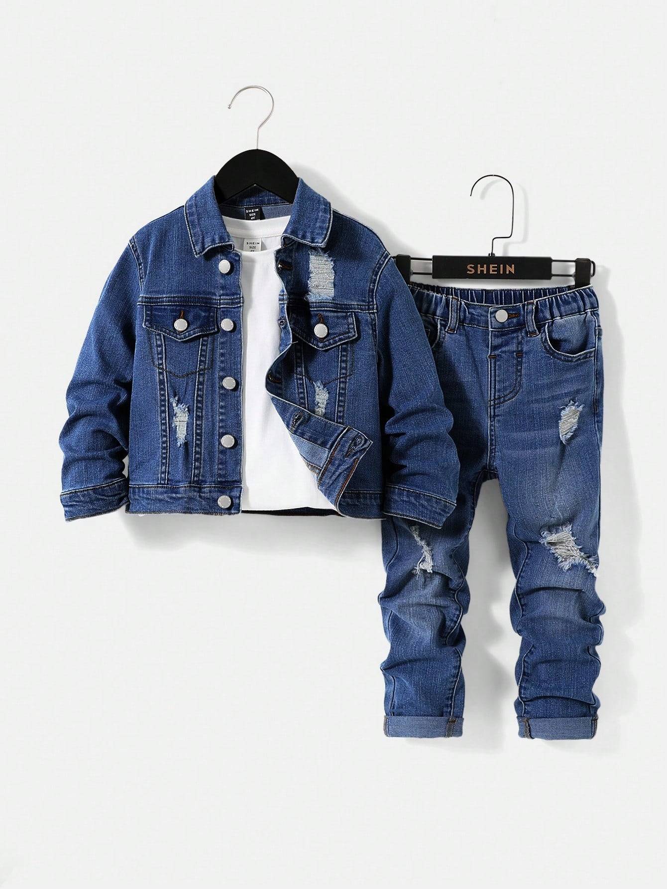 Kids' denim set in dark blue, featuring a distressed jacket and matching jeans with an elastic waistband for comfort and style.