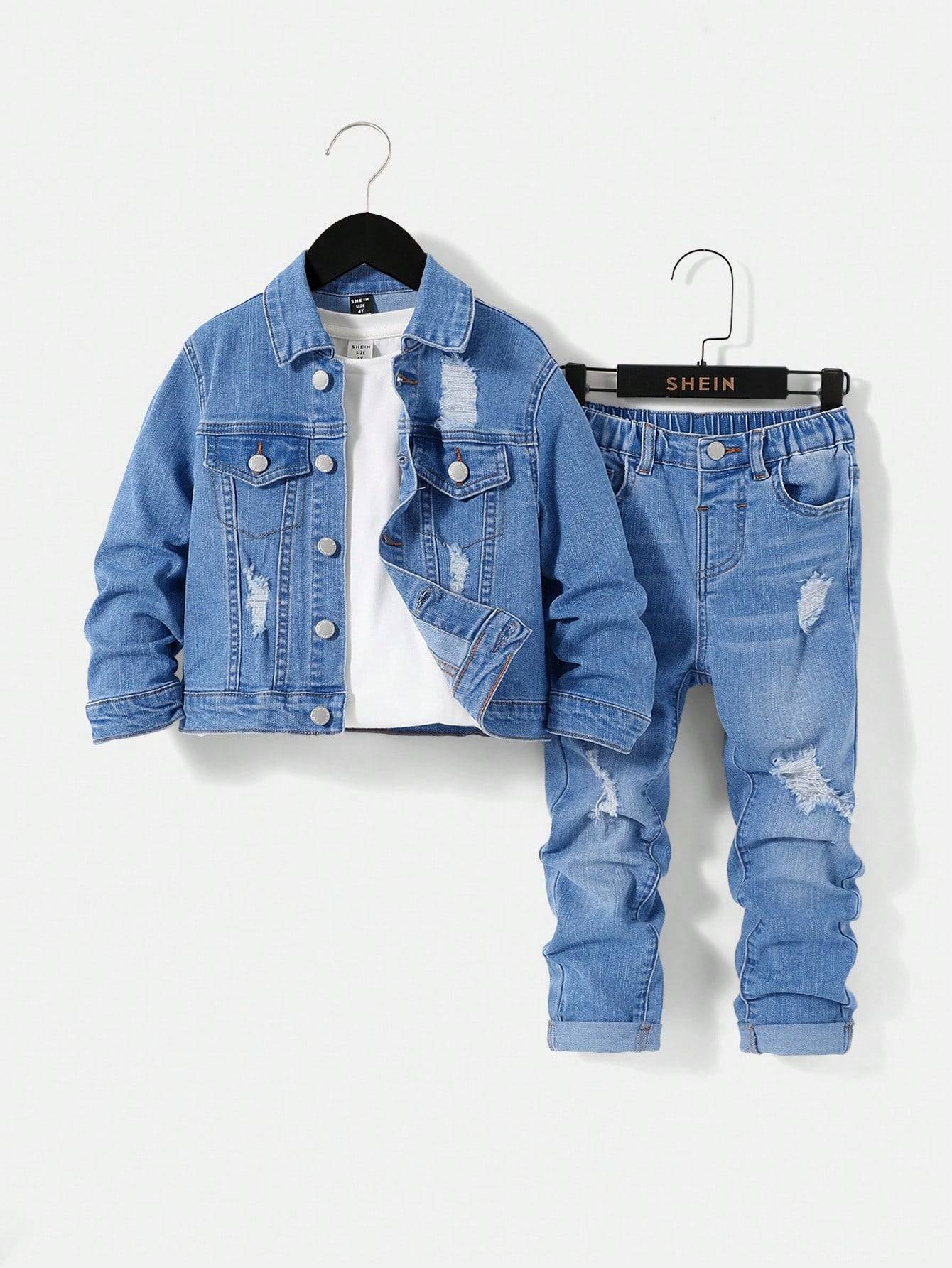 Kids' denim set in light blue, including a distressed jacket and matching jeans, designed for durability and everyday wear.