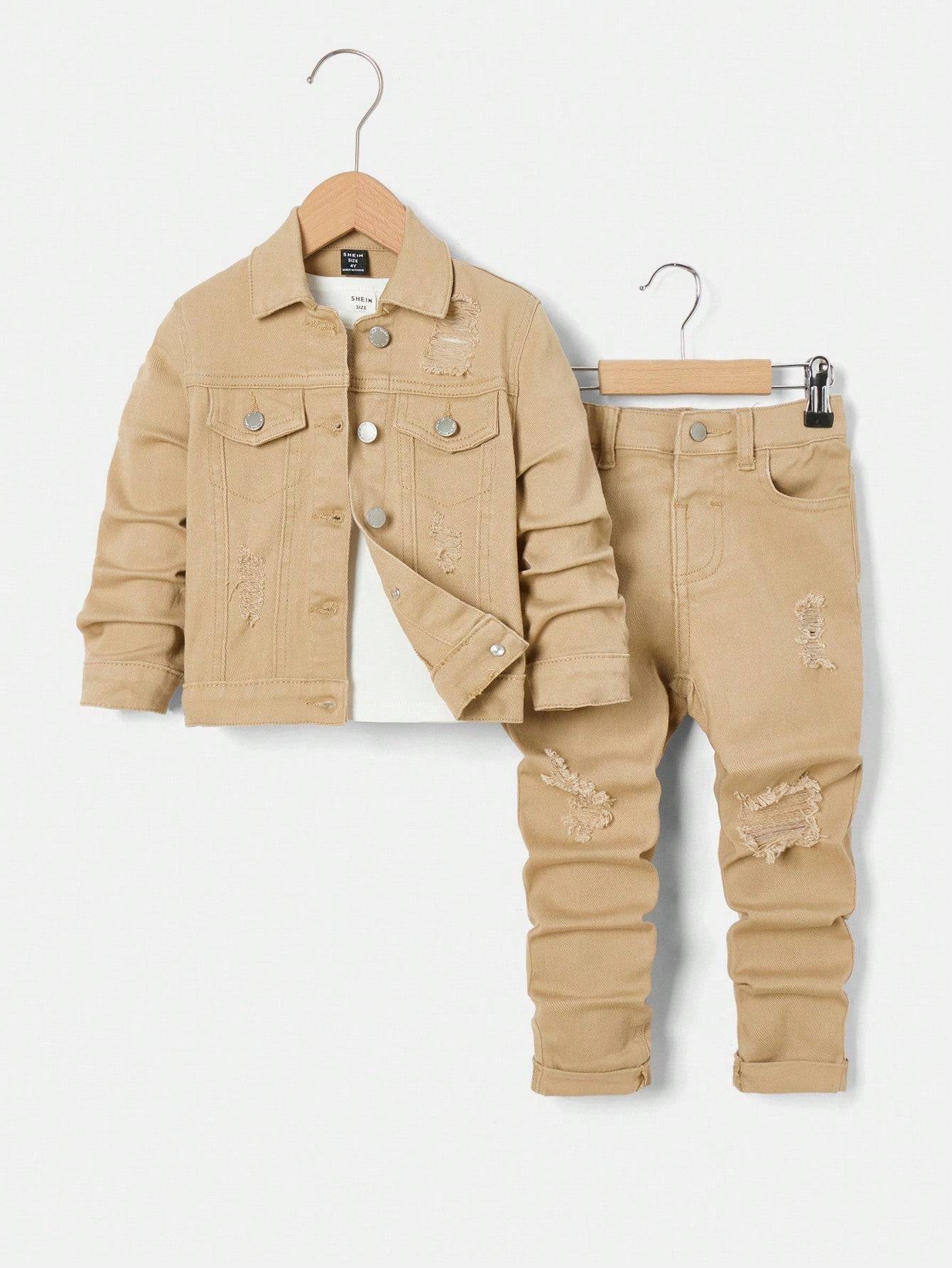 Kids' beige denim set with a distressed jacket and matching jeans, offering a stylish and comfortable outfit for casual occasions.