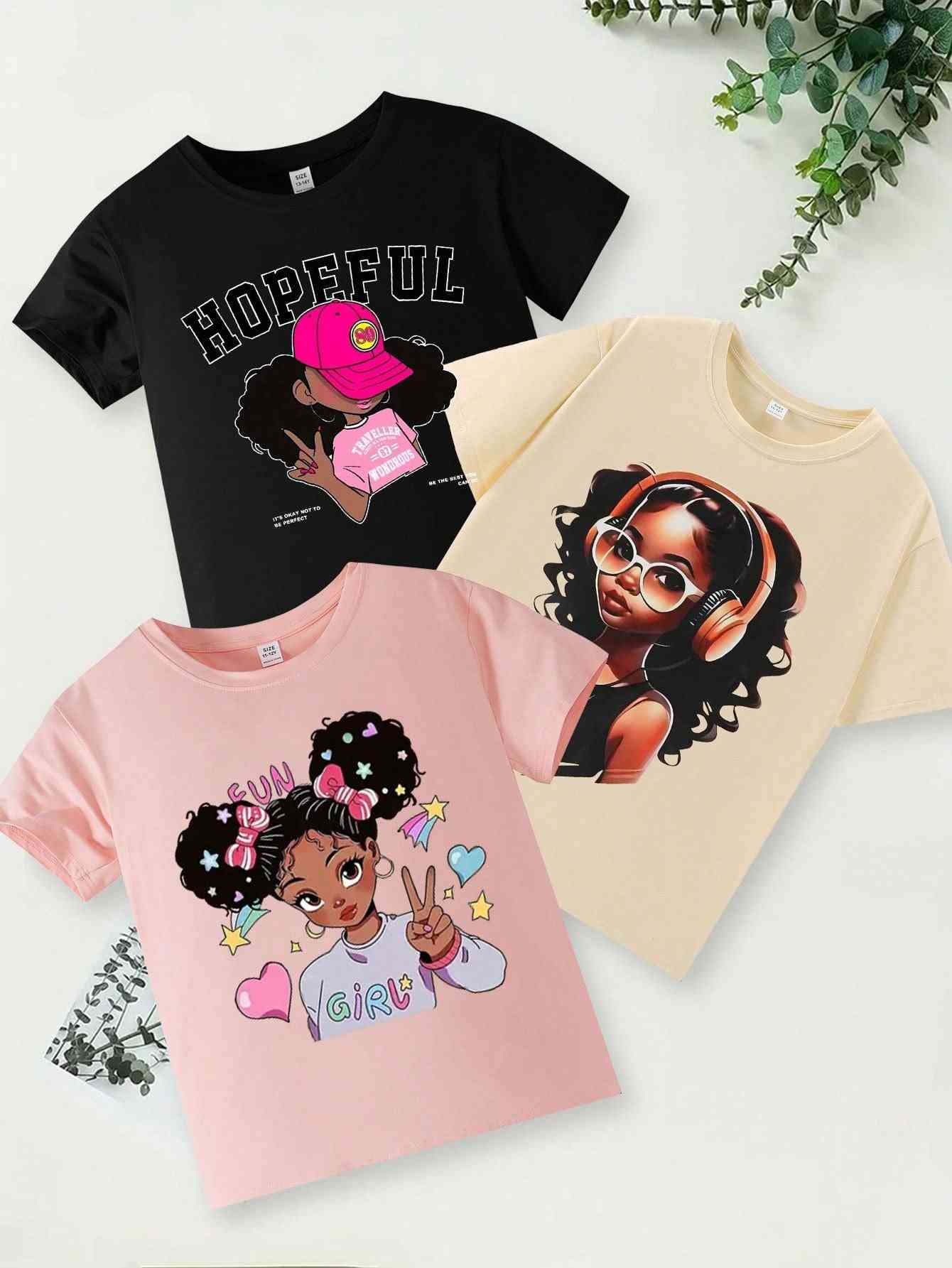 Alternative Cartoon 3-piece set of young girls' t-shirts featuring stylish prints of confident and fashionable characters. Trendy and comfortable design.