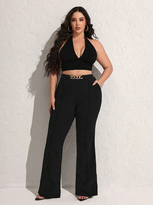 Chic Plus Size Flare Pants with Gold Chain