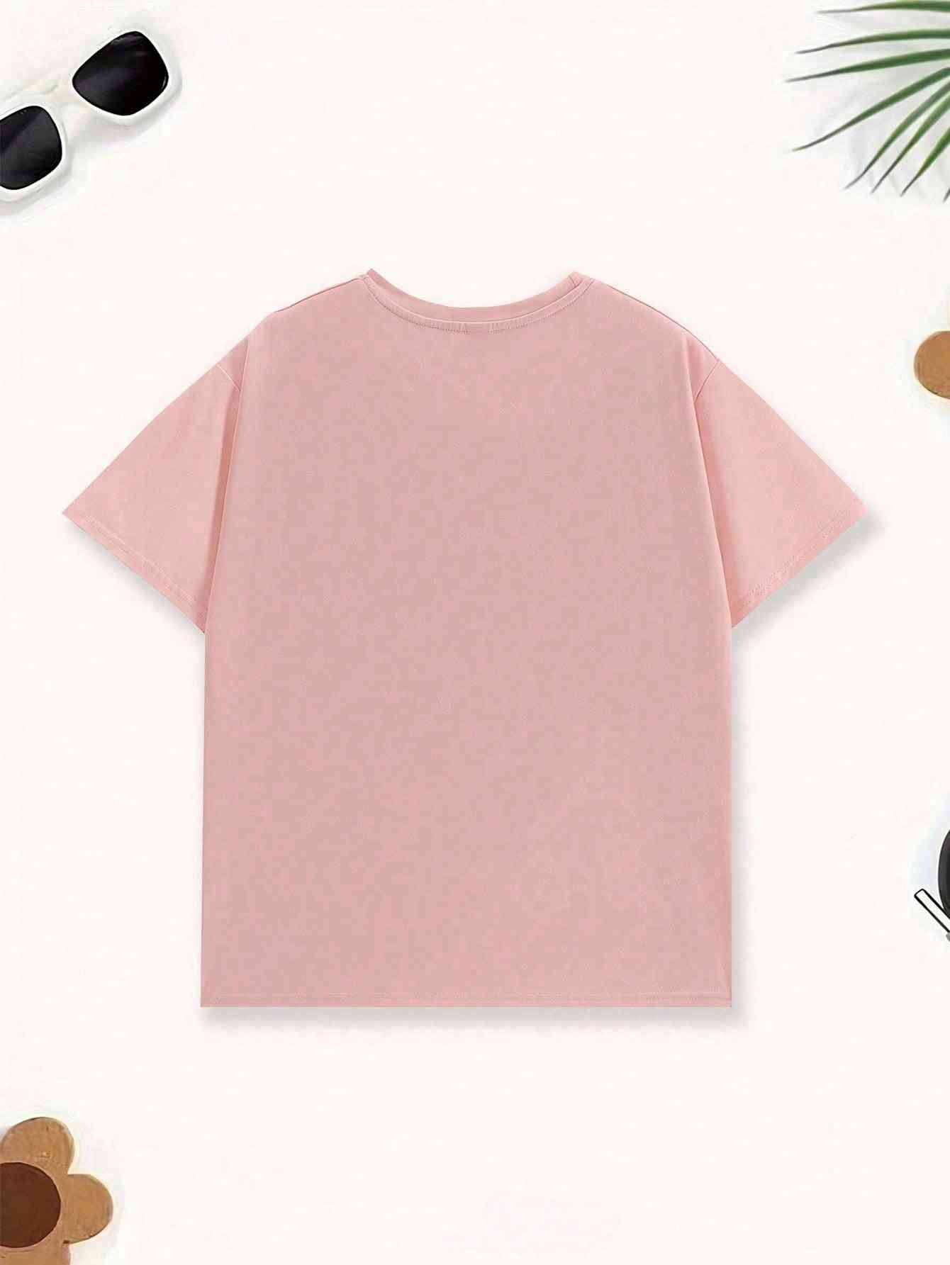 Back view of the pink t-shirt from the Cartoon 3-piece set. Soft fabric and a relaxed fit for everyday comfort.