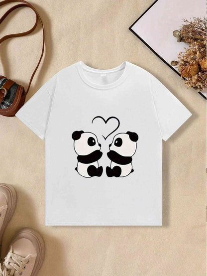 White t-shirt from the Cartoon 3-piece set featuring two pandas with a heart design. A charming and adorable addition to any wardrobe.