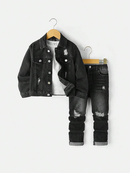 Kids' black denim set with a distressed jacket and matching jeans, featuring a trendy and rugged design for versatile styling.