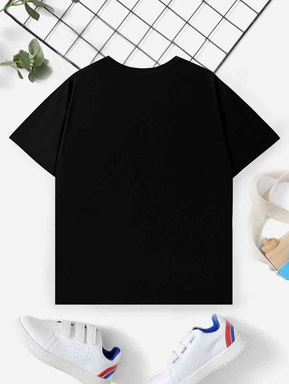 Back view of the black t-shirt from the Cartoon 3-piece set. Simple and versatile design for easy pairing with any outfit.