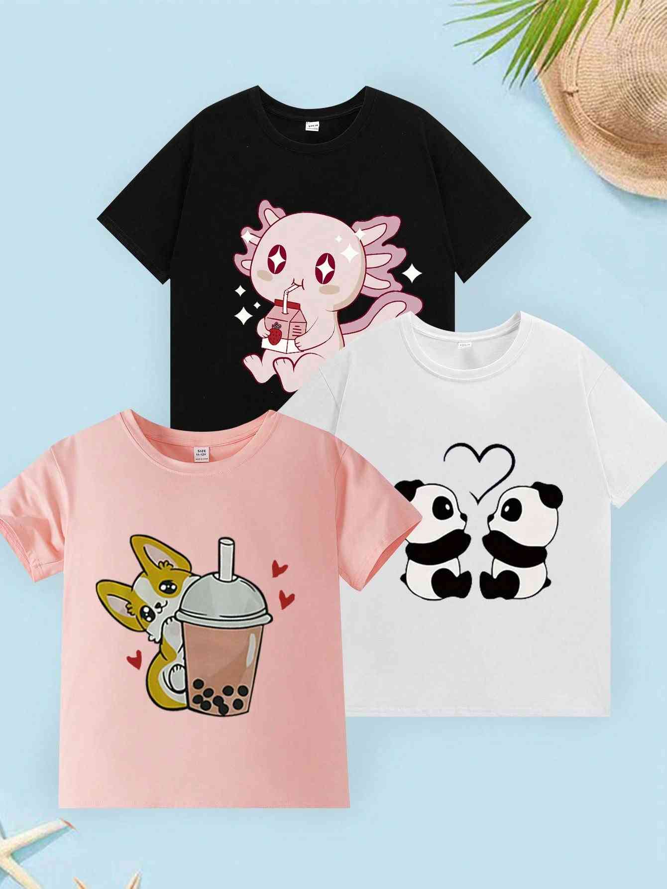 Cartoon 3-piece set of young girls' t-shirts featuring playful prints of an axolotl, corgi with bubble tea, and pandas. Soft fabric for all-day comfort.