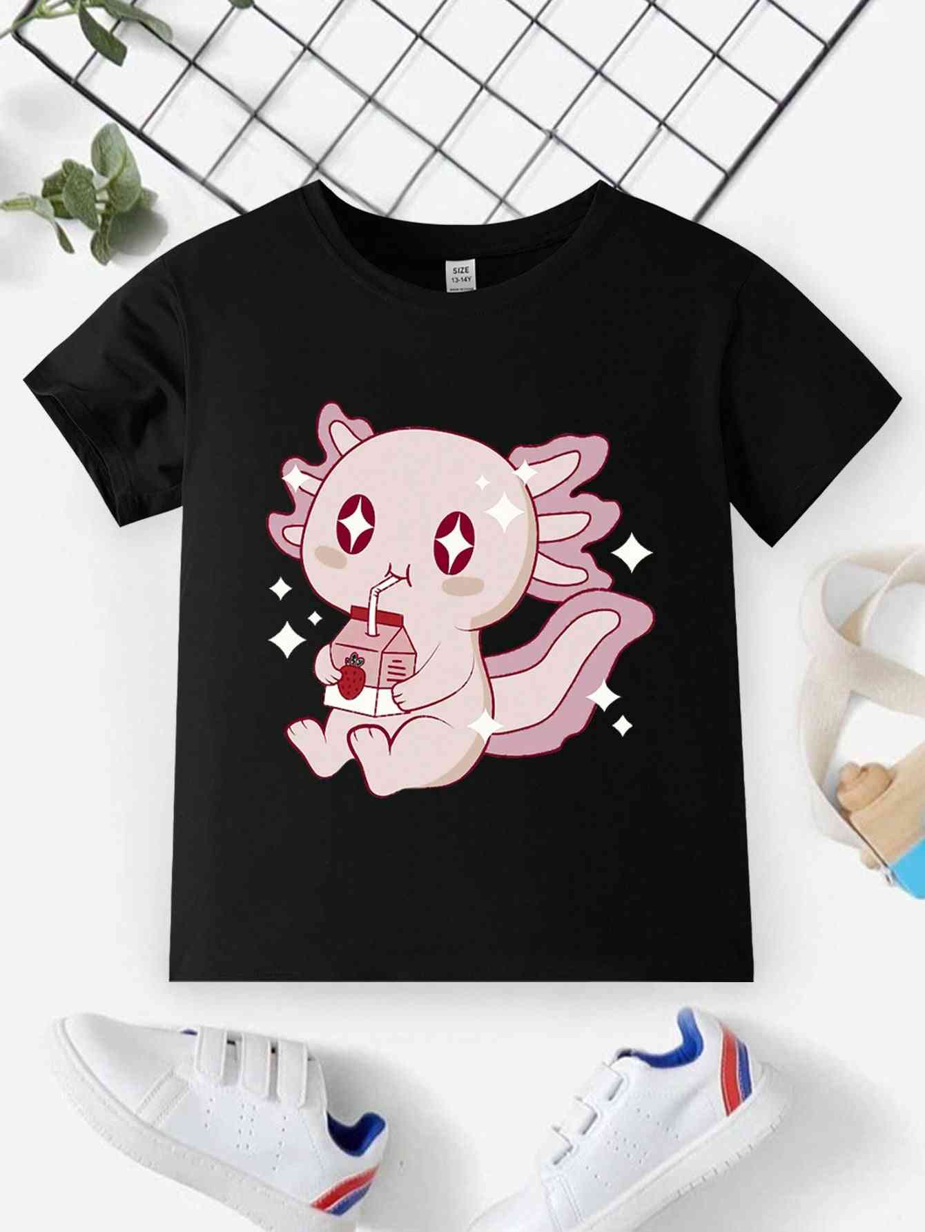 Black t-shirt from the Cartoon 3-piece set featuring a cute axolotl drinking bubble tea. Perfect for casual wear and playful outfits.