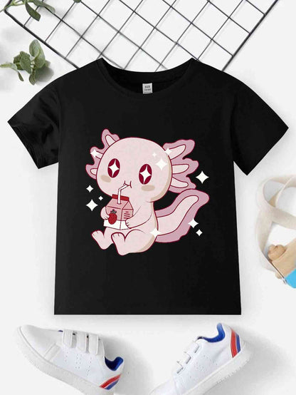 Black t-shirt from the Cartoon 3-piece set featuring a cute axolotl drinking bubble tea. Perfect for casual wear and playful outfits.