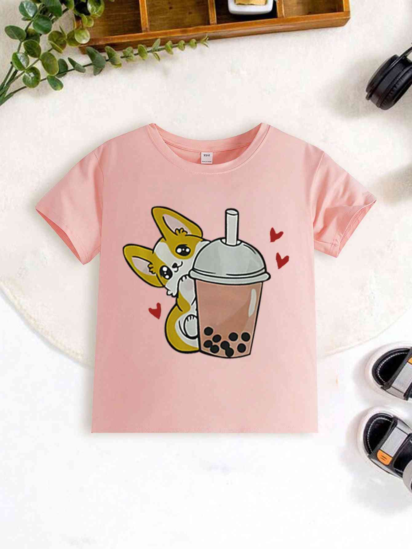 Pink t-shirt from the Cartoon 3-piece set featuring a corgi with bubble tea and heart accents. A fun and stylish choice for young girls.