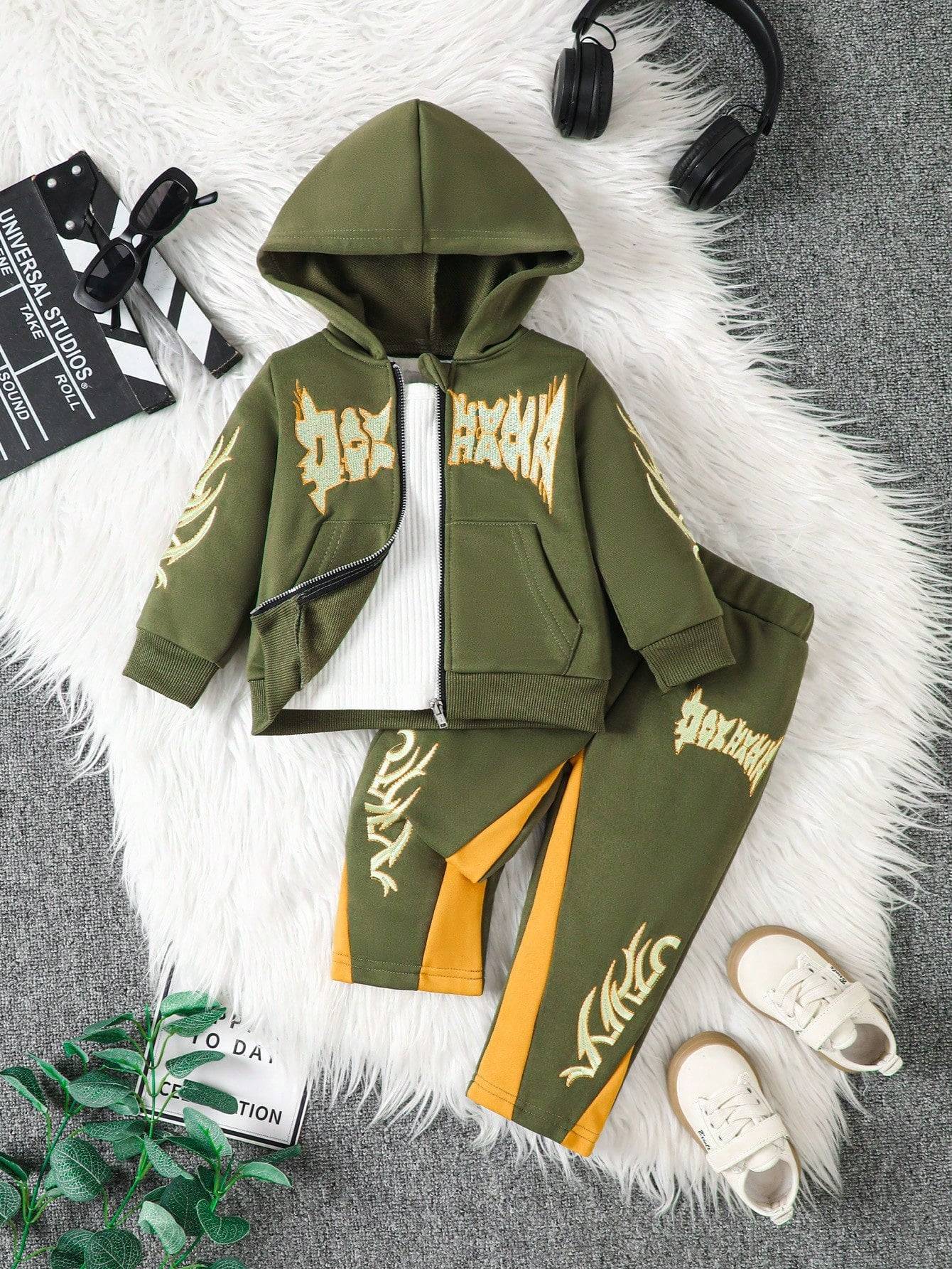 Olive green 2-piece hoodie and pants set with yellow accents and bold embroidery, ideal for stylish and comfortable toddler outfits.