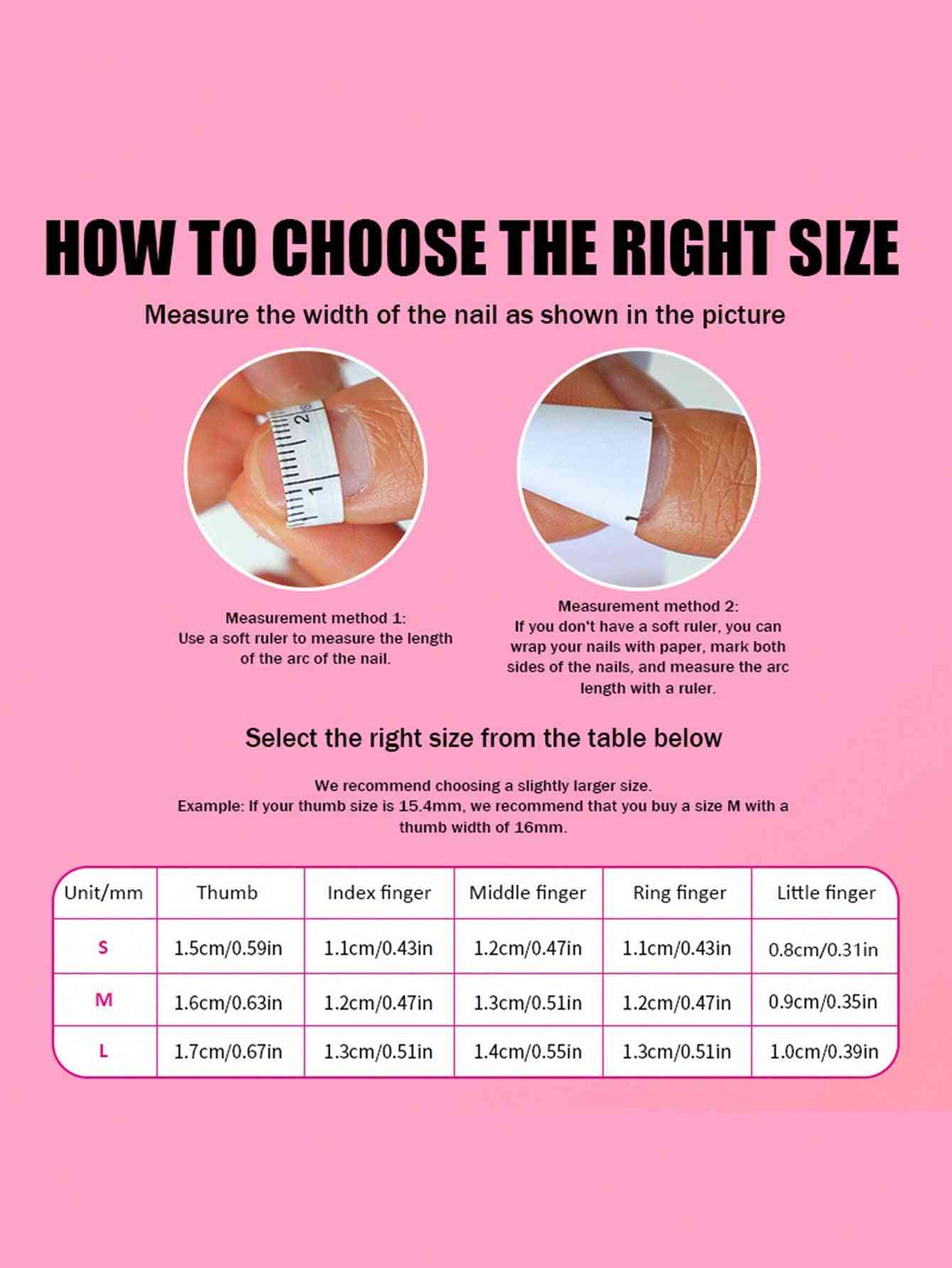 Size guide for Y2K Duck Nail Tips, showing how to measure nails for the perfect fit. Includes a chart with recommended sizes for each finger.