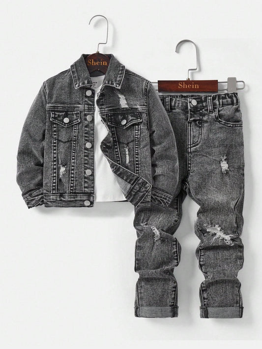 Kids' denim set featuring a distressed black jacket and matching jeans with an elastic waistband. Stylish and durable for everyday wear.