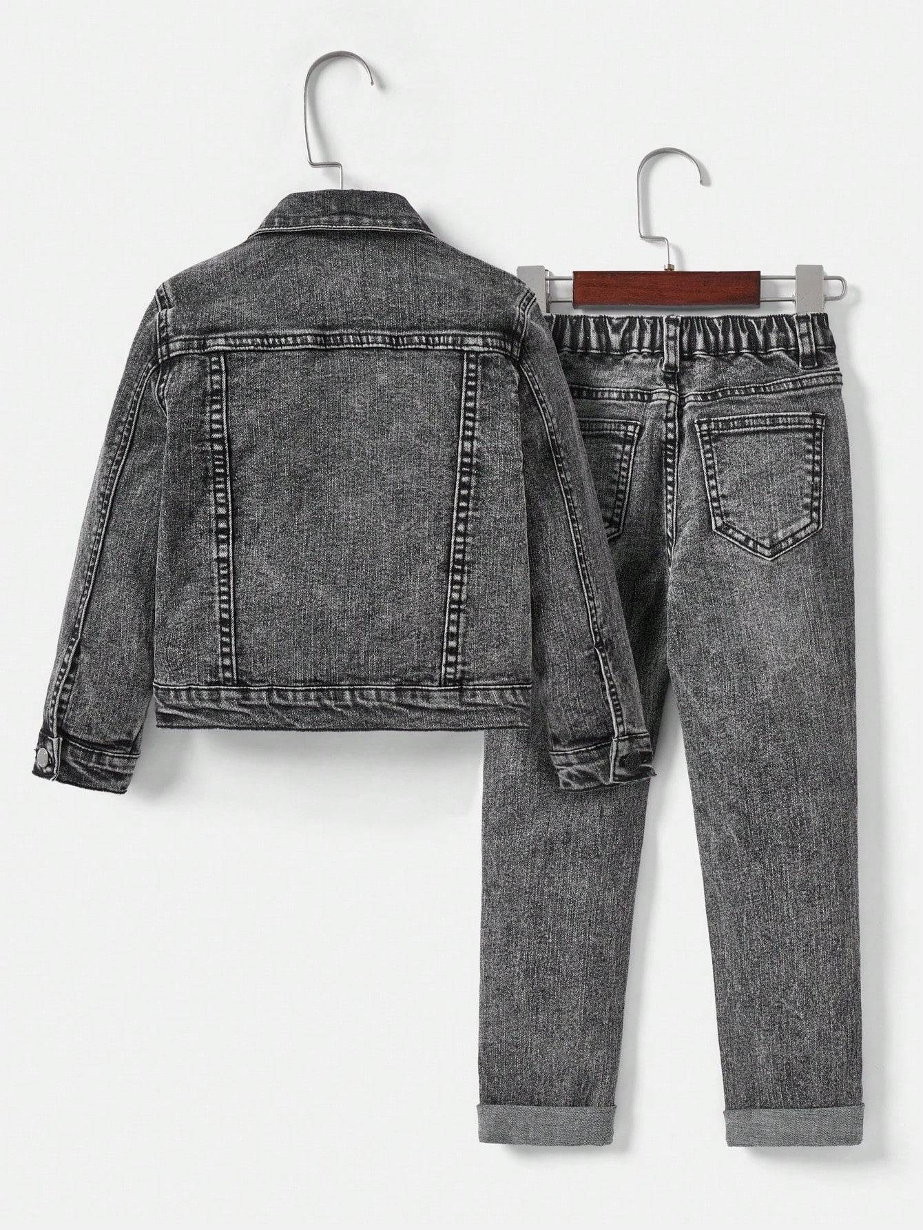 Back view of kids' black denim jacket and jeans set, showcasing sturdy stitching and a comfortable elastic waistband for a secure fit.