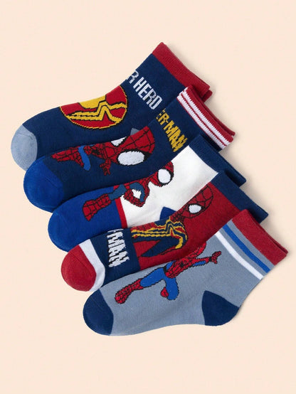 Set of five Spider-Man socks for kids featuring vibrant superhero designs in blue, red, and white. Cozy, breathable fabric for everyday comfort.