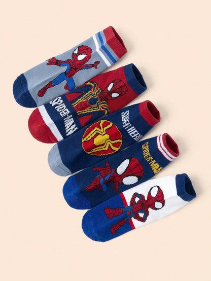 Five pairs of Spider-Man-themed socks laid flat, showcasing unique superhero prints. Soft, durable fabric ensures a snug and comfortable fit.