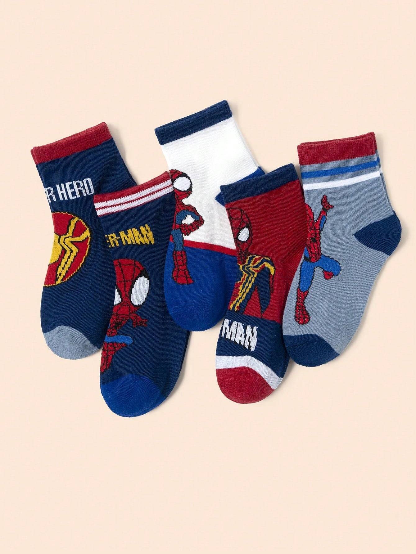 Assorted Spider-Man socks for kids with bold superhero graphics and contrasting cuffs. Perfect for casual wear with a fun and stylish touch.