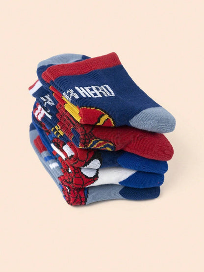 Stacked Spider-Man socks in various designs, neatly folded to showcase vibrant superhero prints. Ideal for kids who love Marvel characters.