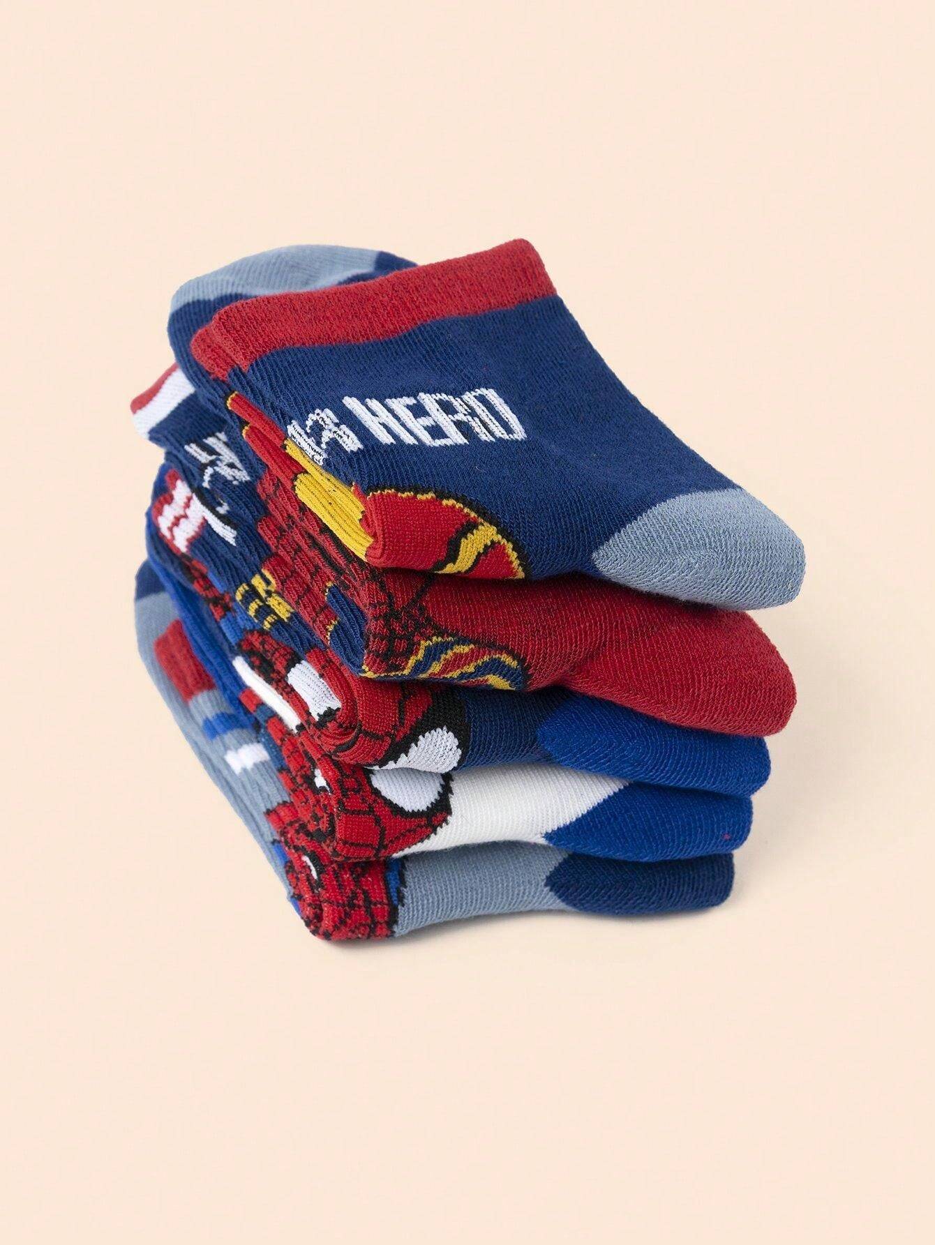 Assorted Spider-Man socks in a variety of superhero prints, laid out to showcase their fun and stylish designs. Perfect for young Marvel fans.