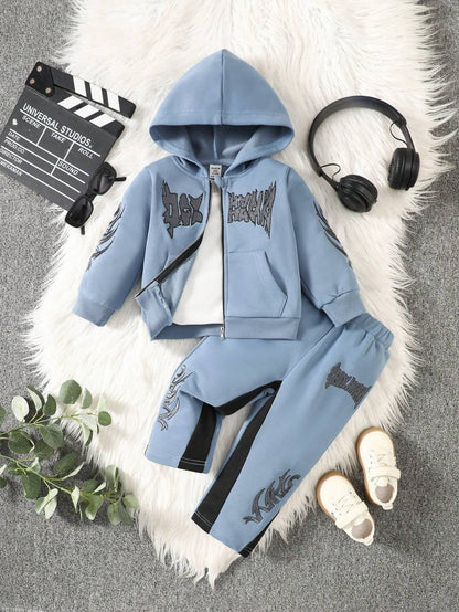 Light blue 2-piece hoodie and pants set with black embroidered designs, offering a trendy and cozy option for baby boys.