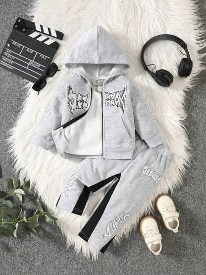 Gray 2-piece hoodie and pants set with black embroidered details, perfect for a neutral and fashionable toddler outfit.