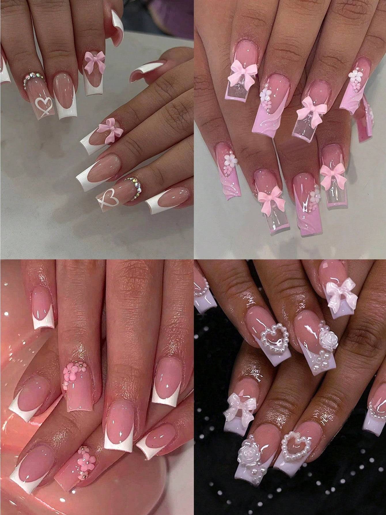 Floral French Tip Press-On Nails featuring elegant 3D floral designs, pink bows, and rhinestone accents for a stylish and salon-quality manicure.