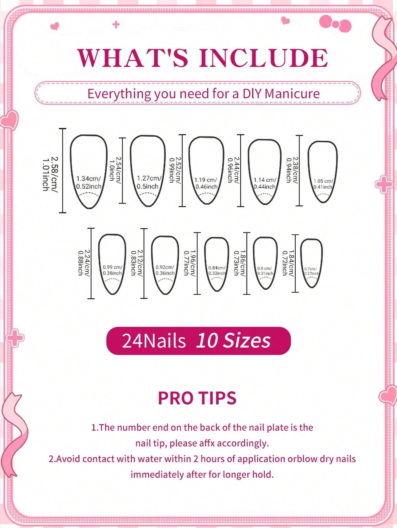 24-piece press-on nail set featuring pink almond-shaped false nails adorned with 3D Hello Kitty bows and pearls. Includes sheet jelly adhesive tabs and a double-sided nail file for easy application.