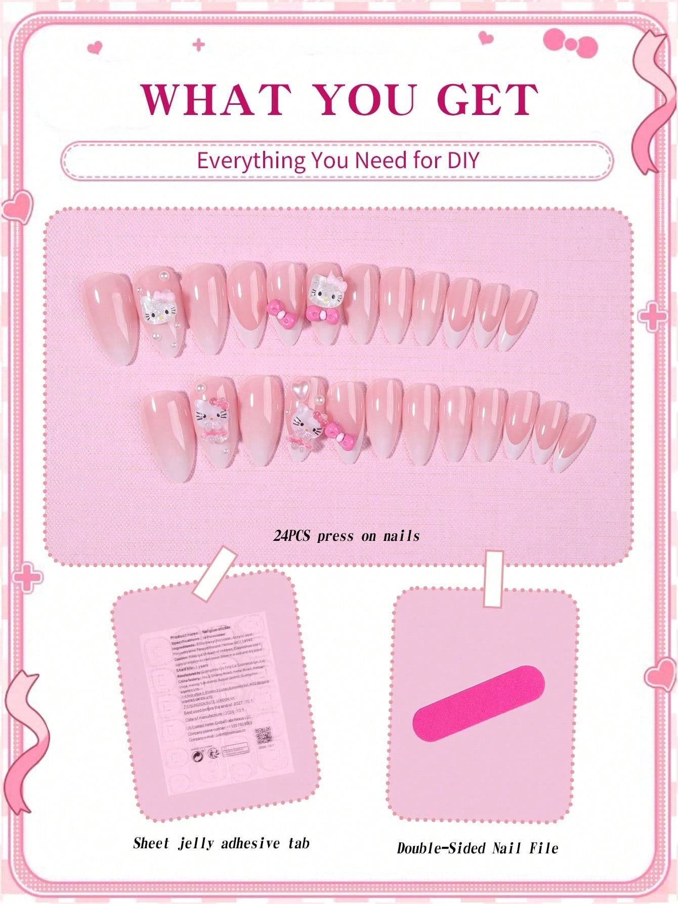 24-piece press-on nail set featuring pink almond-shaped false nails adorned with 3D Hello Kitty bows and pearls. Includes sheet jelly adhesive tabs and a double-sided nail file for easy application.