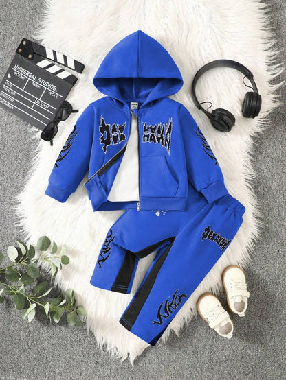 Royal blue 2-piece hoodie and pants set with black embroidered accents, combining vibrant color with stylish design for baby boys.