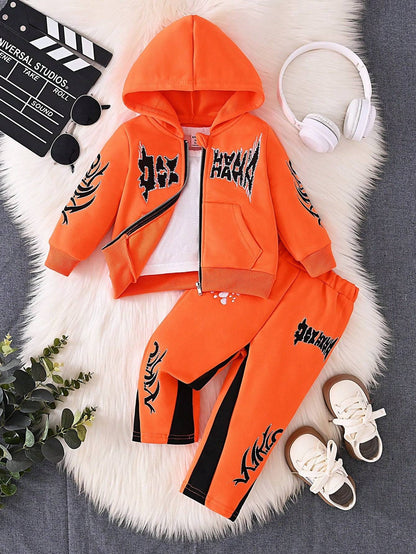 Orange 2-piece hoodie and pants set with black embroidered designs, providing a bold and playful look for toddlers.