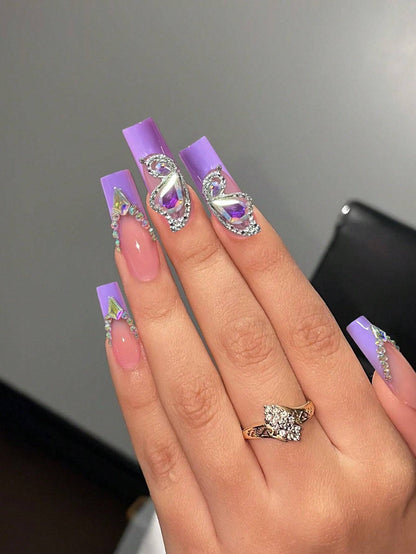 24 uñas francesas a presión con lazo 3D y purpurina: ¡dale glamour a tu look!