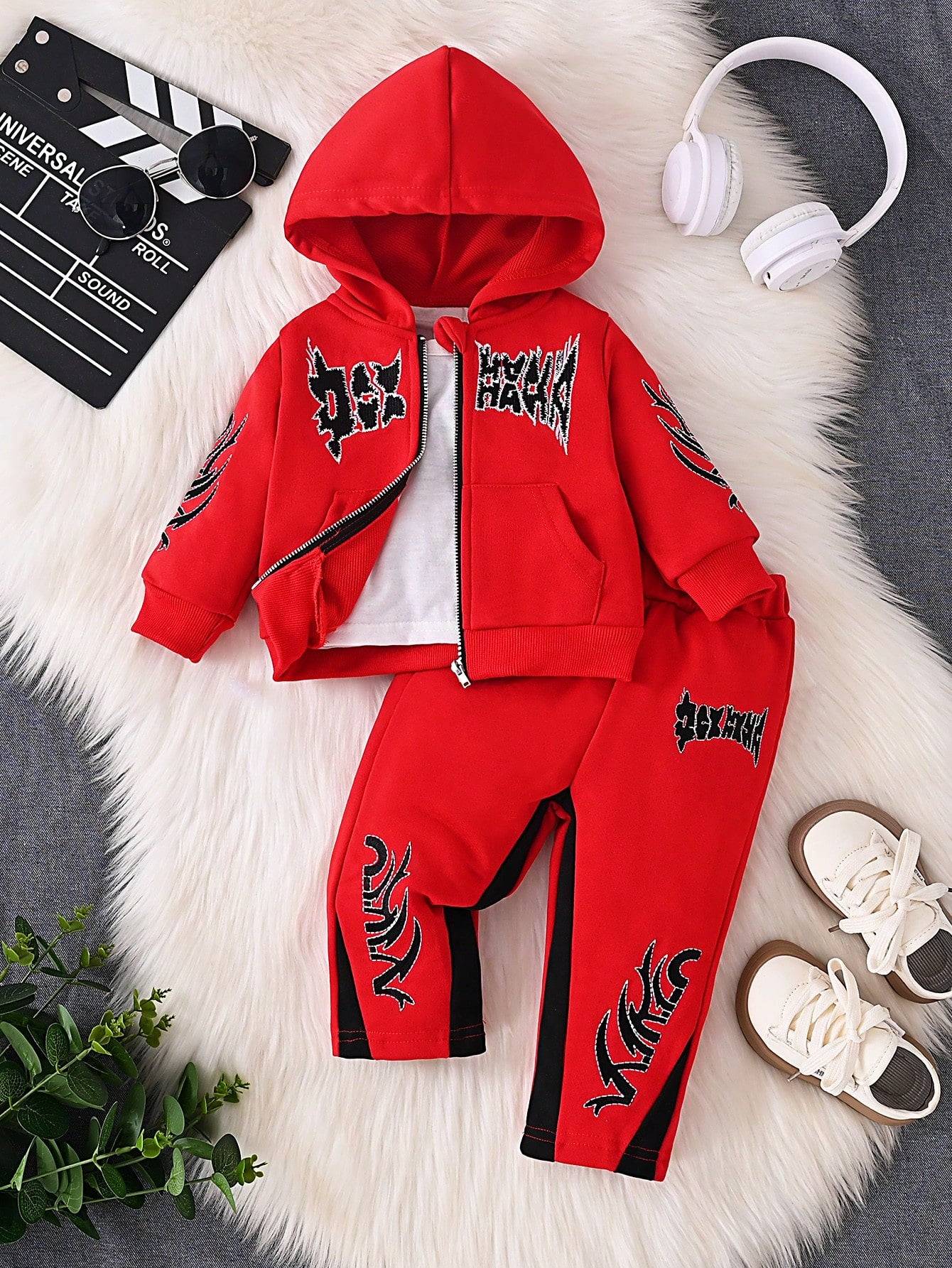 Red 2-piece hoodie and pants set with black embroidered details, offering a vibrant and trendy outfit for baby boys.