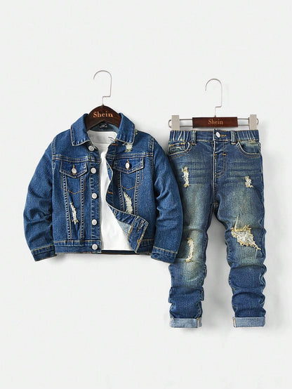 Kids' denim set in classic blue, featuring a distressed jacket and matching jeans, perfect for a stylish and comfortable look.