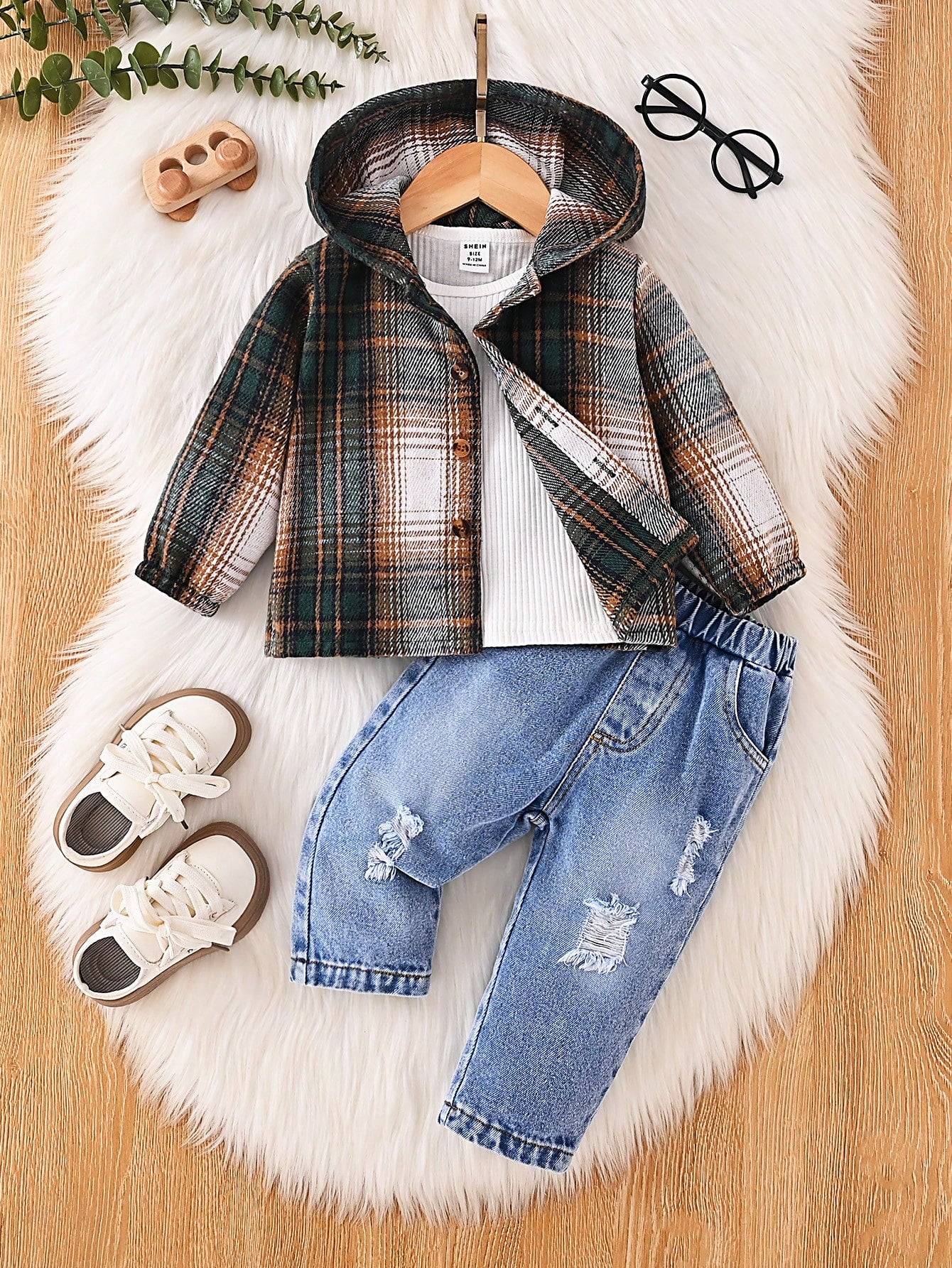 Festive Plaid Hooded Jacket and Jeans Set for Baby Boys