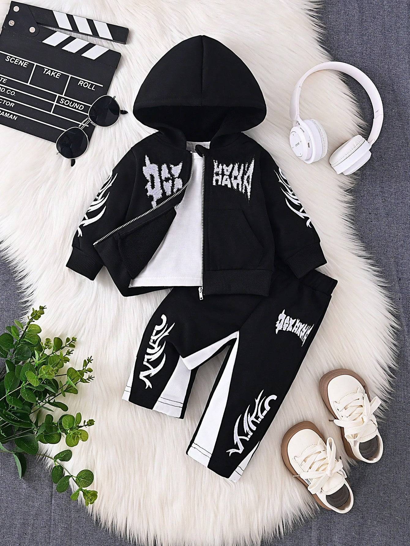 Black 2-piece letter embroidered hoodie and pants set for baby boys, featuring white accents and bold embroidery, perfect for casual wear.