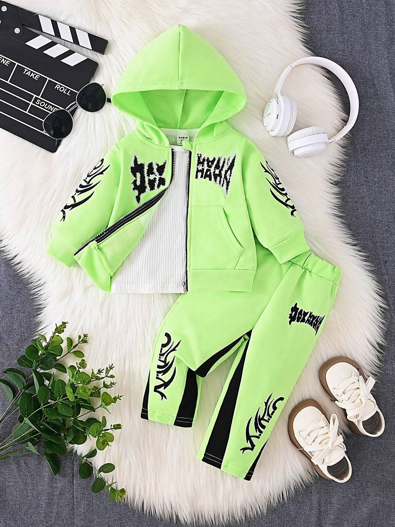 Neon green 2-piece hoodie and pants set with black embroidered designs, perfect for a bright and eye-catching toddler outfit.