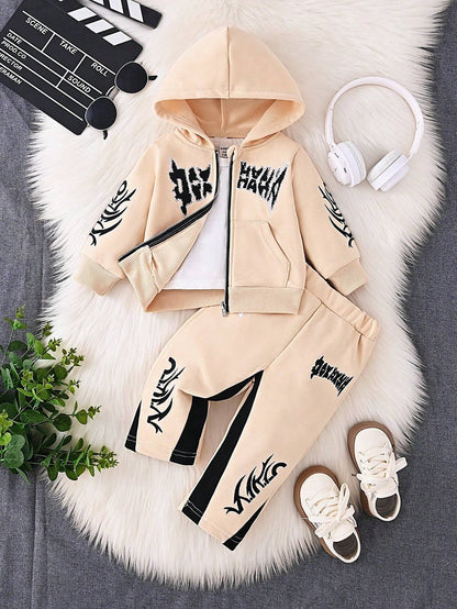 Beige 2-piece hoodie and pants set with black embroidered accents, offering a neutral and stylish option for baby boys.