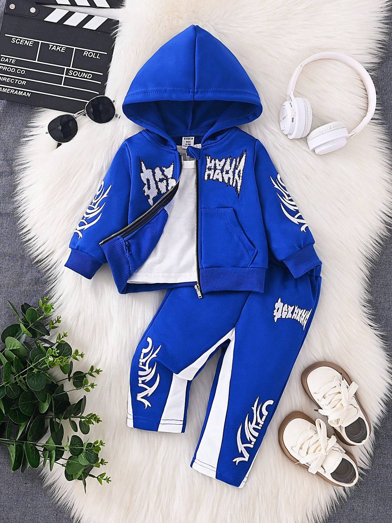 Royal blue 2-piece hoodie and pants set with white embroidered designs, combining bold color with intricate detailing for toddlers.