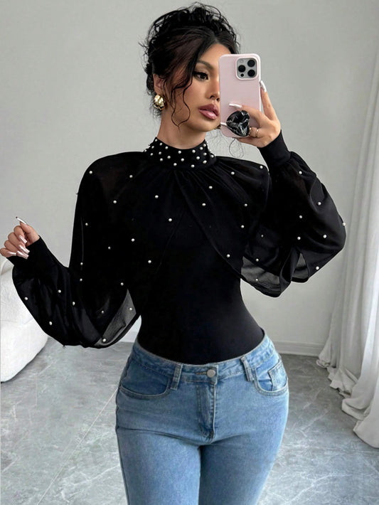 Elegant Pearl-Decor Mesh Blouse